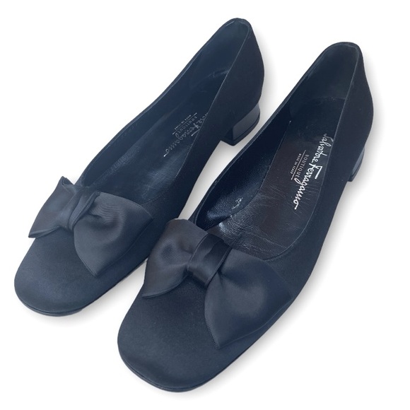 Salvatore Ferragamo Shoes - Salvatore Ferragamo Black Satin Gloria Bow Flats size 9